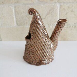 Handmade Pottery Whatsit Vase, Spotted Creative Unusual Decor Signed Brown Ceram